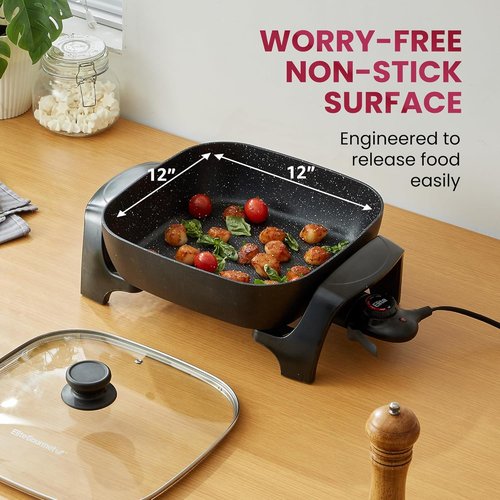 Elite Gourmet Extra Deep Non-Stick Electric Skillet - 12"x12"x3.2" (7.5Qt) with Glass Lid & Adjustable Temp, Black