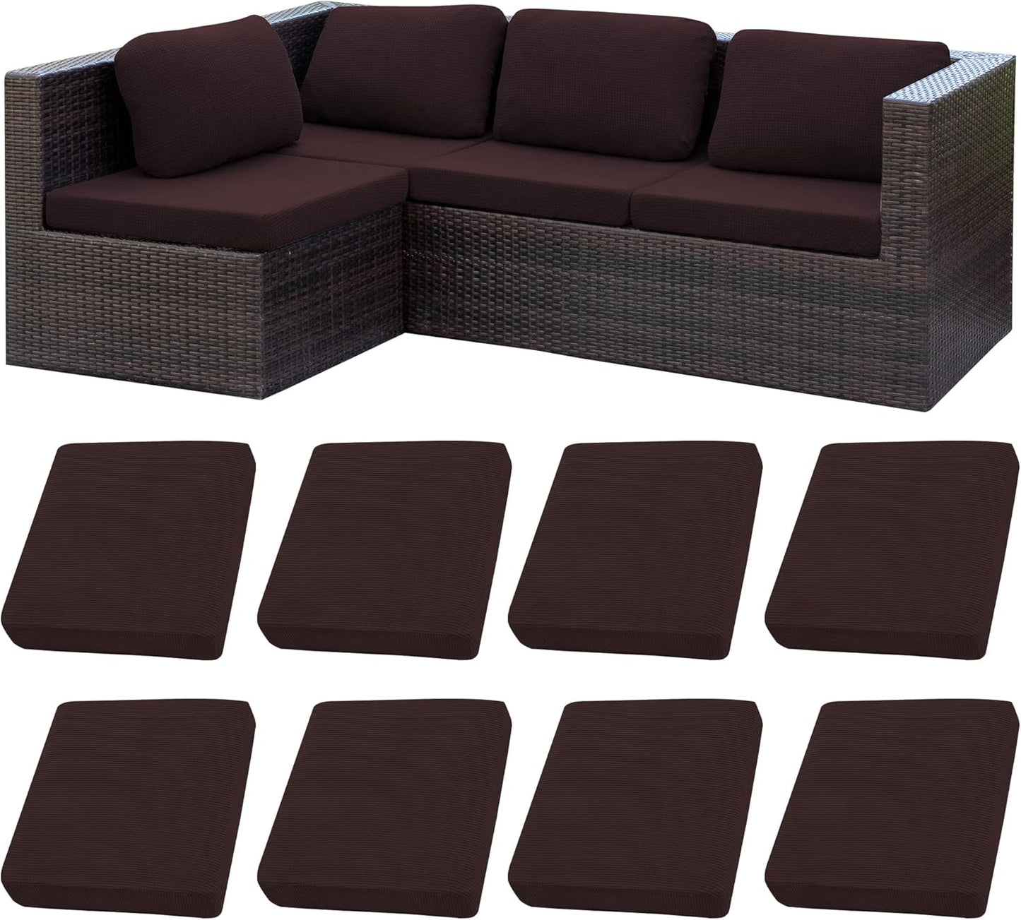 Skiennix 8-Piece Stretch Patio Cushion Covers - Washable Outdoor Sofa Slipcovers in Coffee