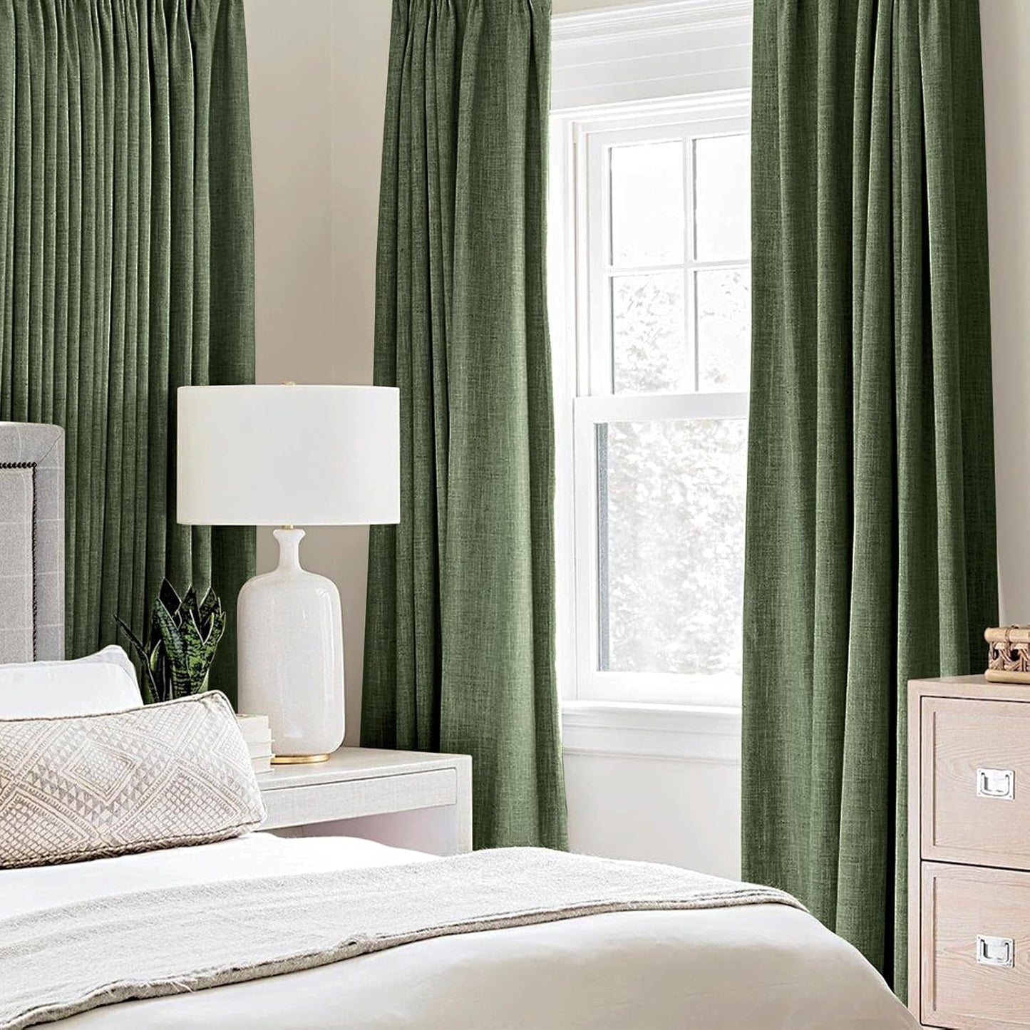 MIULEE 100% Blackout Linen Textured Curtains - Thermal Insulated Olive Green Drapes | 42 x 84 Inch (2 Panels)