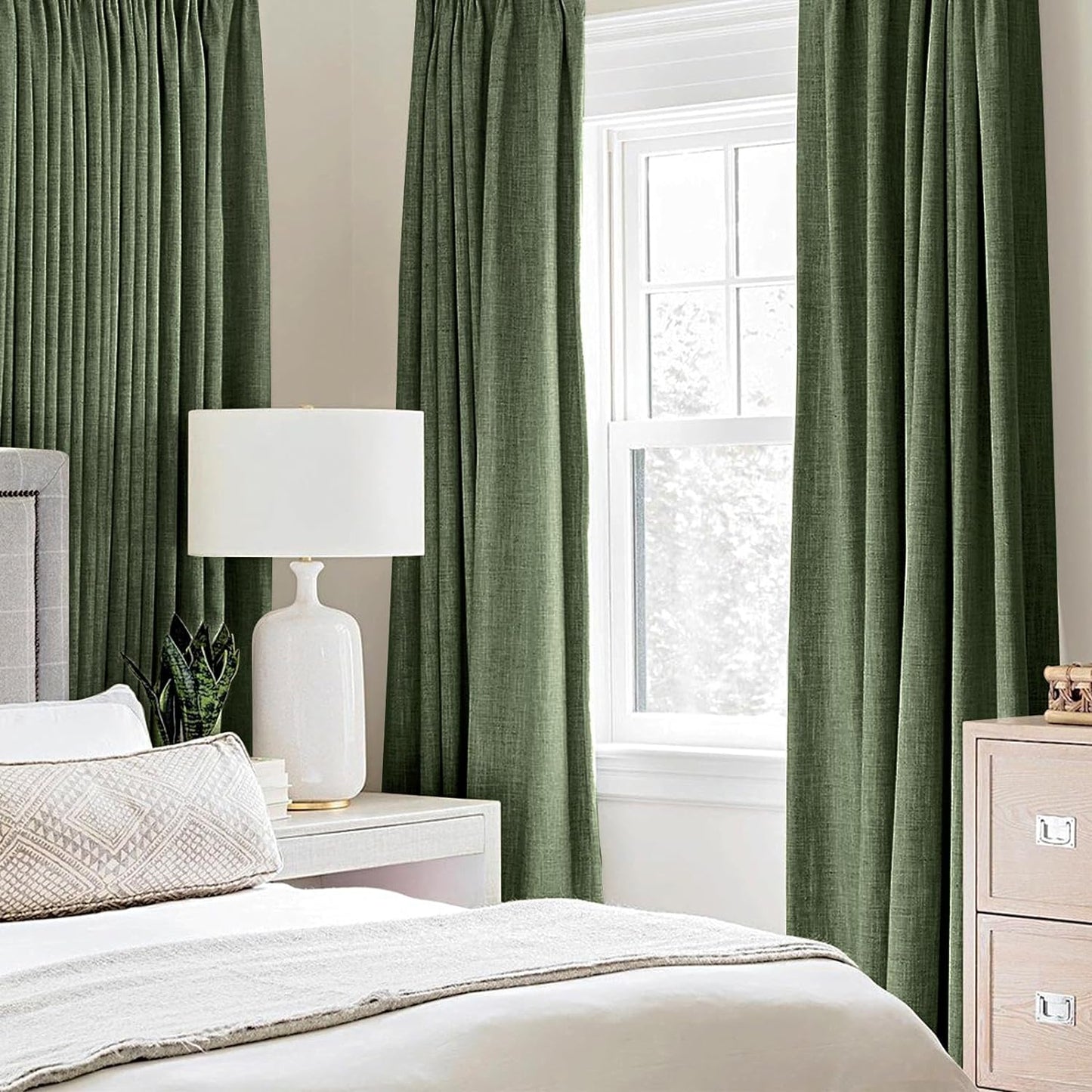MIULEE 100% Blackout Curtains - Olive Green Linen Textured Thermal Insulated Drapes | 52 x 63 Inch (2 Panels)