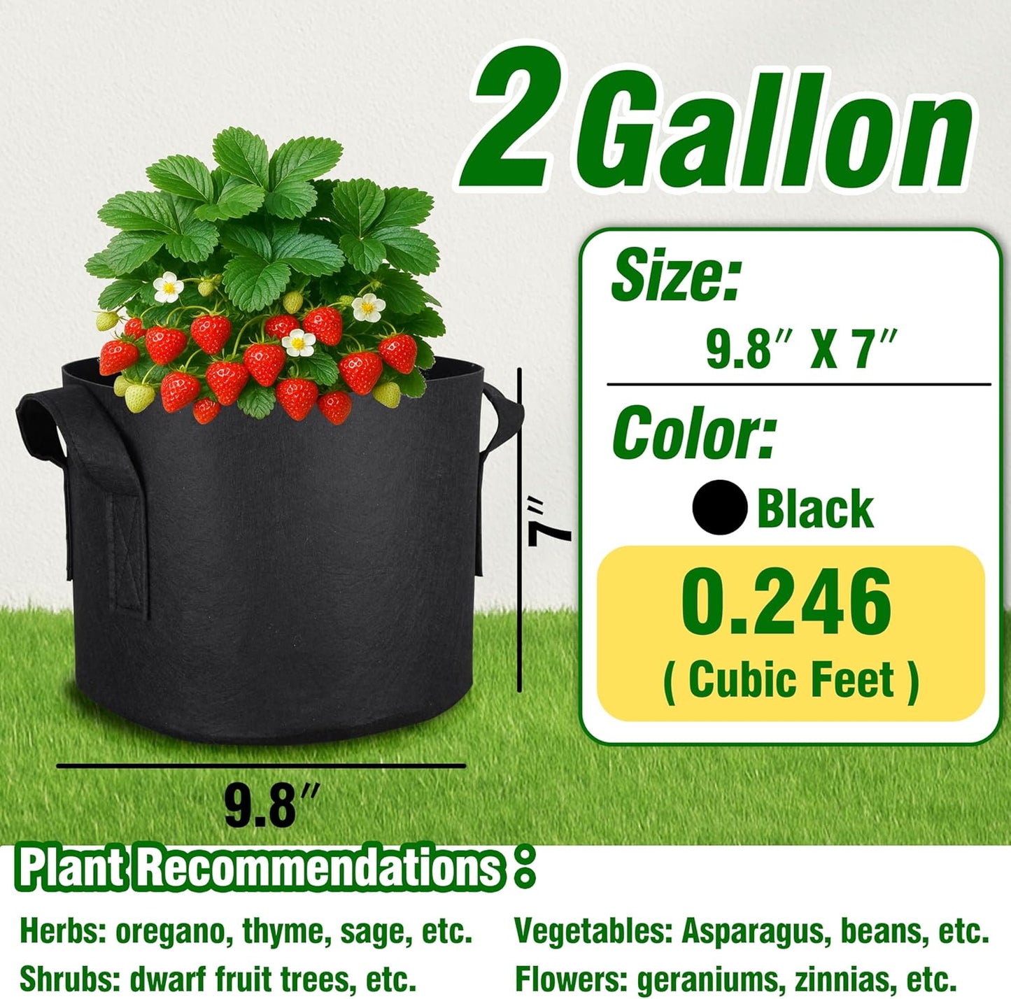 PHYEX 12-Pack 2 Gallon Grow Bags - Heavy Duty Fabric Pots with Handles for Vegetables, Herbs & Flowers