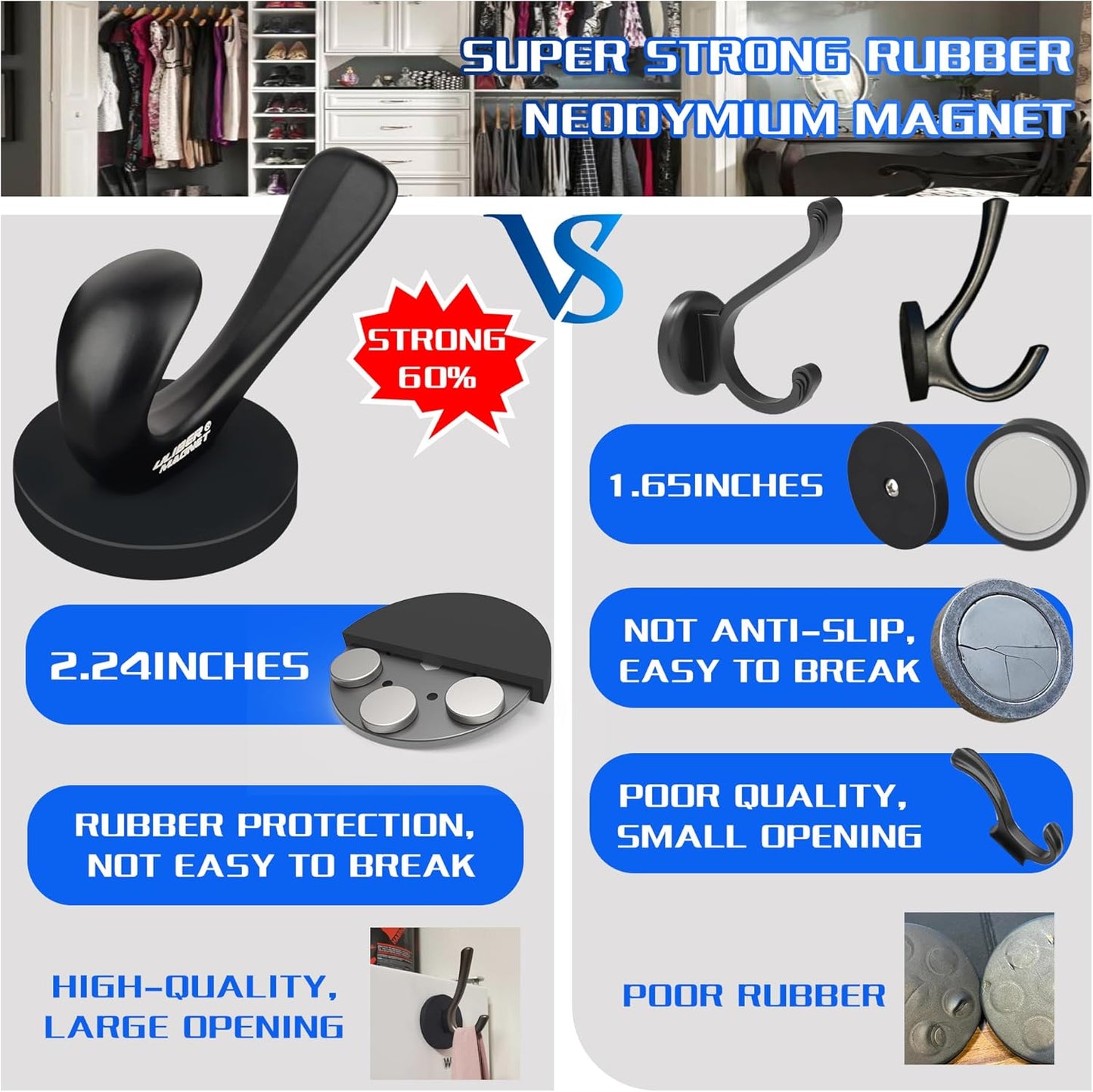 ULIBERMAGNET Heavy-Duty Magnetic Coat Hooks - 2 Pack Rubber Magnet Double Hooks for Coats, Towels & Keys (Black)