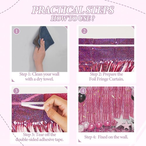 DECOCKRAT 3 Pack Foil Fringe Backdrop - Laser Pink Shiny Tinsel Curtains for Party Decoration/Photo Booth Props - 3.3x8.2 FT Metallic Foil Backdrop for Birthday, Wedding, Graduation, Christmas.