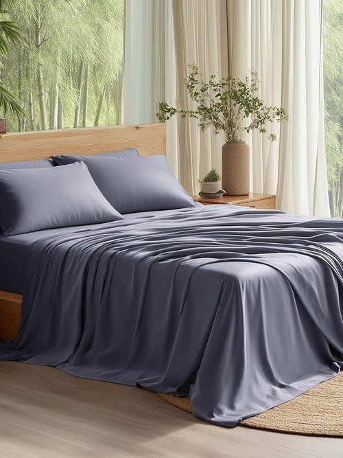 Bedsure Queen Sheet Set - Cooling Bamboo Sheets | Breathable & Soft | Deep Pocket Up to 16" | Dark Grey