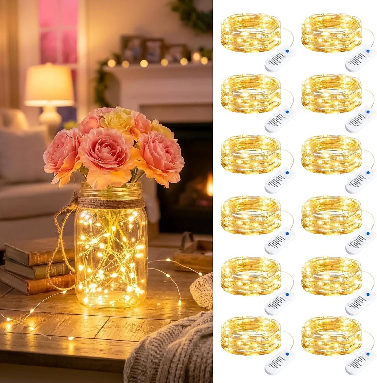 Minetom 12 Pack Fairy Lights - Battery Operated 20 LED Twinkle Lights | 7ft Warm White Waterproof Silver Wire for Mason Jars & Parties