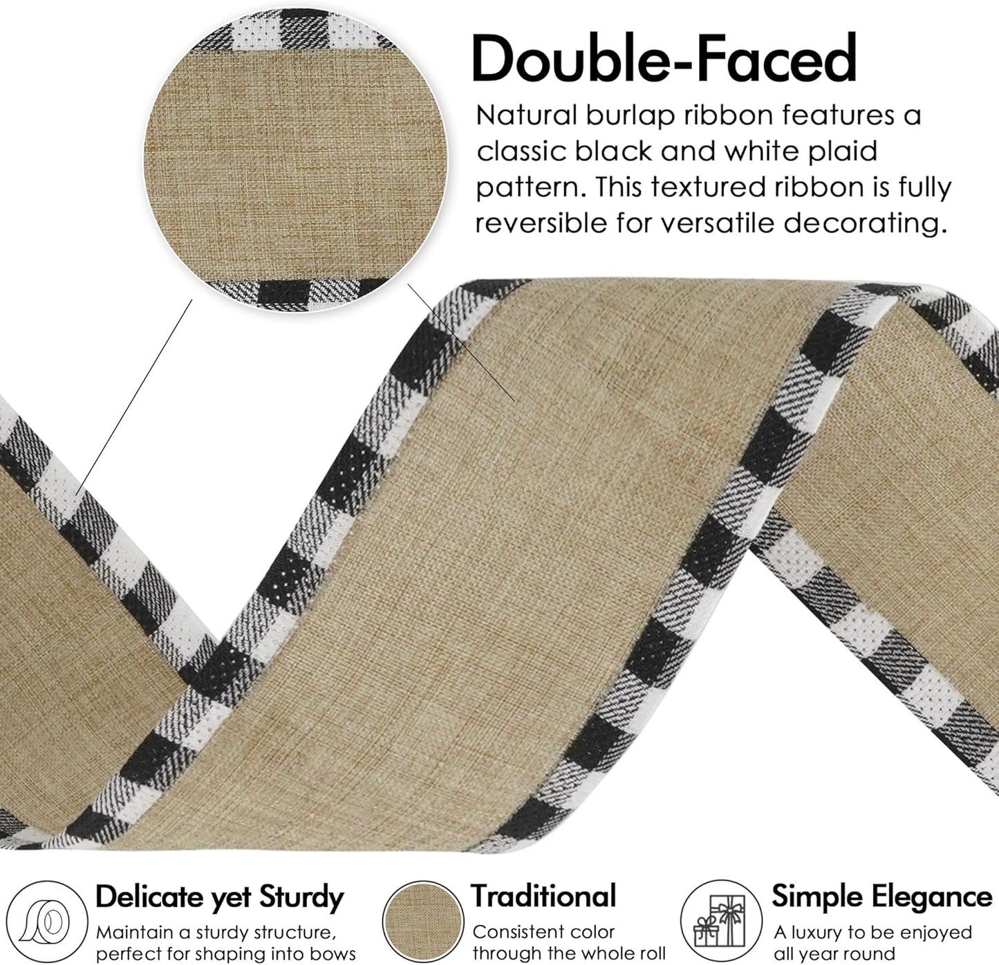 MEEDEE Burlap Christmas Ribbon - 2.5 Inch Wired Plaid with Black & White Edging | 10 Yards for Tree & Wreath Decor