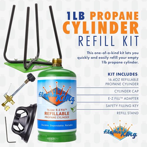 Flame King 1LB Refillable Propane Cylinder Tank - Safe, Legal Refill Kit with CGA600 Connection