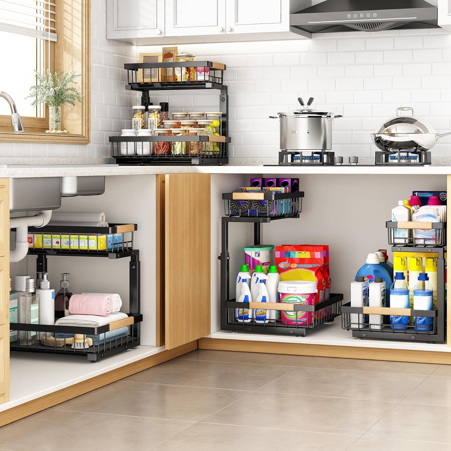 PXRACK Under Sink Organizer - Adjustable 2-Tier Pull-Out Storage for Kitchen & Bathroom | Large Black 2-Pack