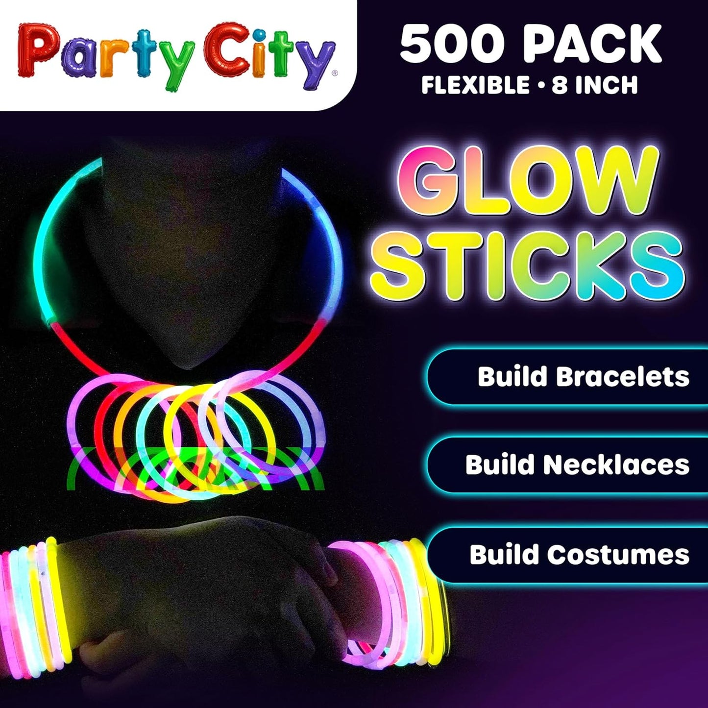 Party City 500 Glow Sticks - Neon Glow in the Dark Party Supplies | Connectors for Bracelets & Necklaces