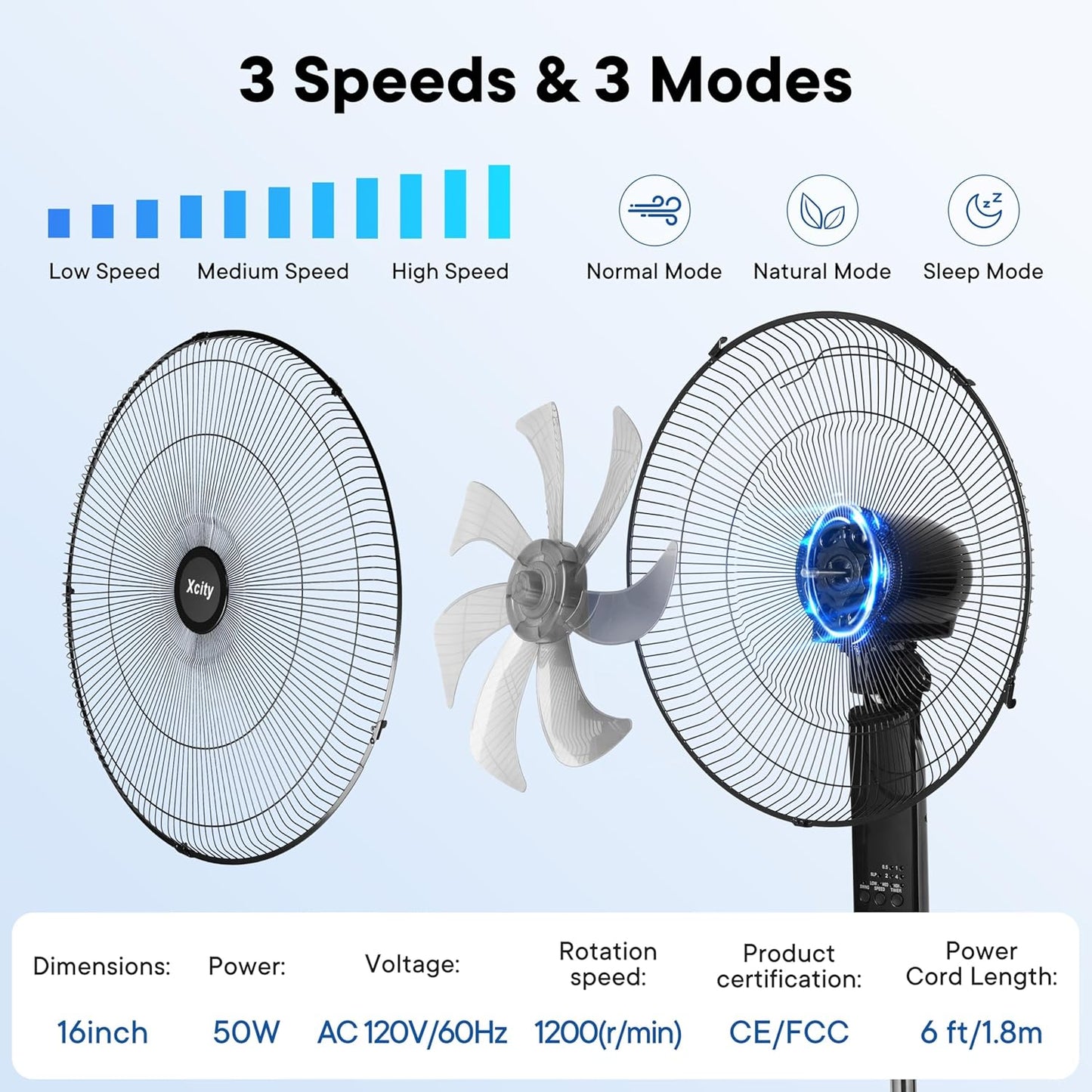 Xcity 16-Inch Oscillating Pedestal Fan - High Velocity, Remote Control, Adjustable Height & Tilt | Quiet Operation for Bedroom & Office, Black