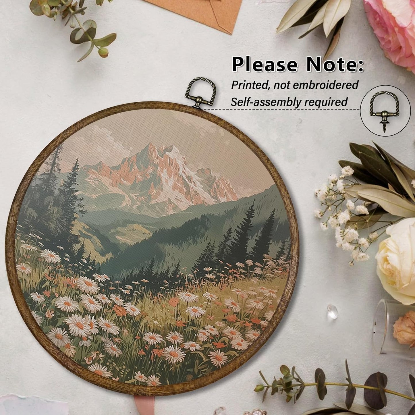 Qskjre Boho Wall Art - Vintage Mountain Flower Landscape Canvas Print | 10x10in Round Wood Frame
