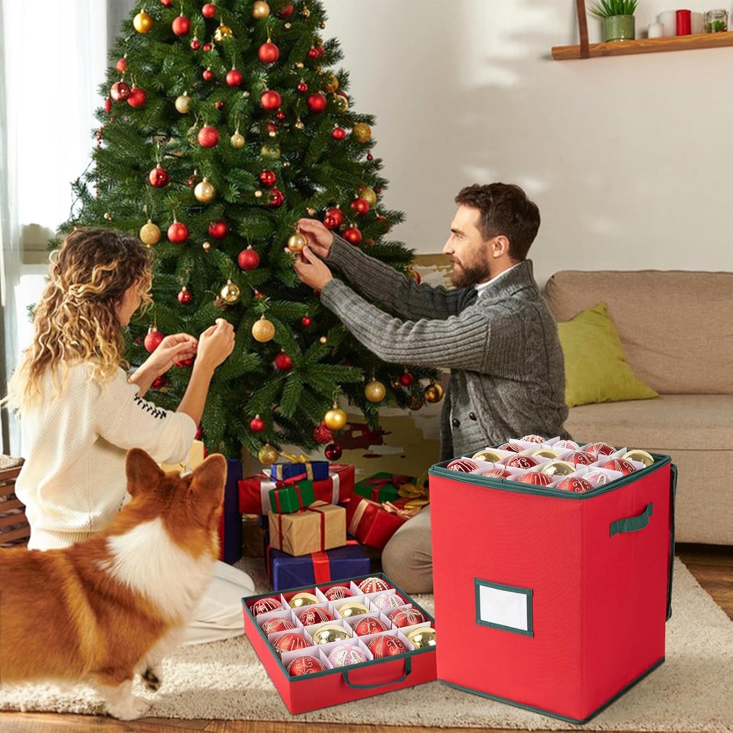 OIAHOMY Christmas Ornament Storage Box - Holds 80 Ornaments with Trays & Zippers | Durable 600D Oxford Fabric - Red