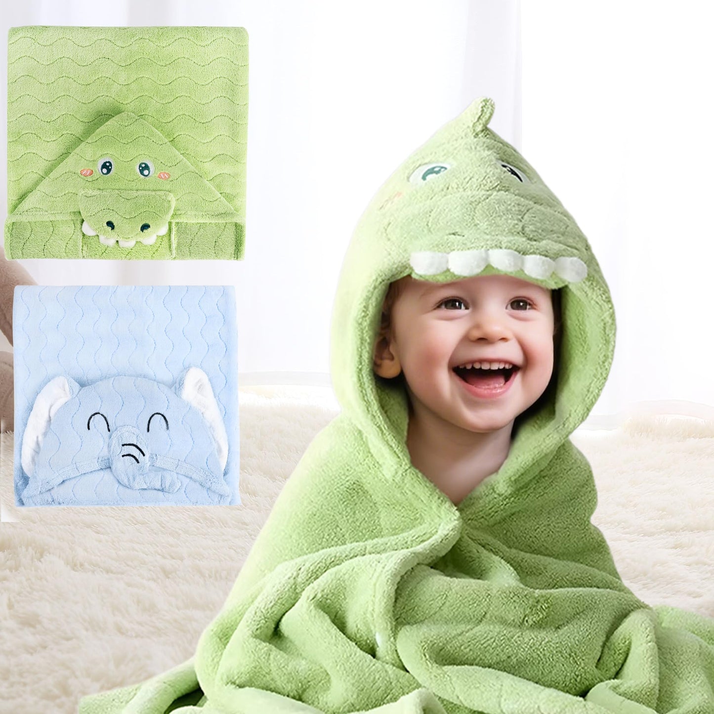 UNEEDE 2Pack Bath Hooded Towel for Kids Green and Blue,Extra Soft and Fast Drying Poncho for Toddlers,Kids Beach Hooded Towel Polyester Size 31 x 47 in,Machine Washable Poncho for Bath Beach Pool