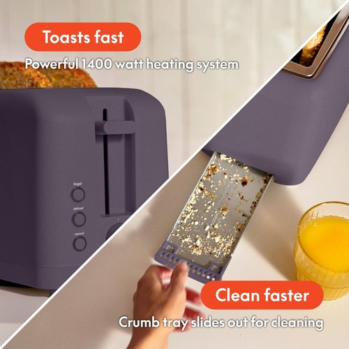 Bella 4-Slice Slim Toaster - 10” Long Slot with 6 Shade Settings, Reheat & Cancel Buttons | Plum Color