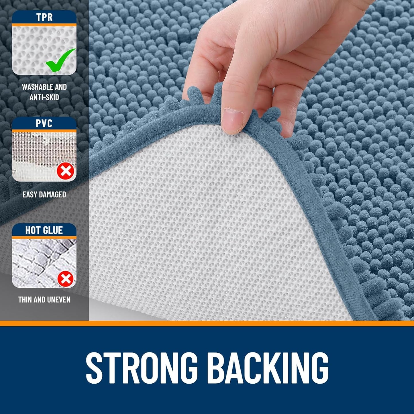 OLANLY Bathroom Runner Rug - Soft Absorbent Chenille with Rubber Backing | Quick Dry, 59x20, Airy Blue