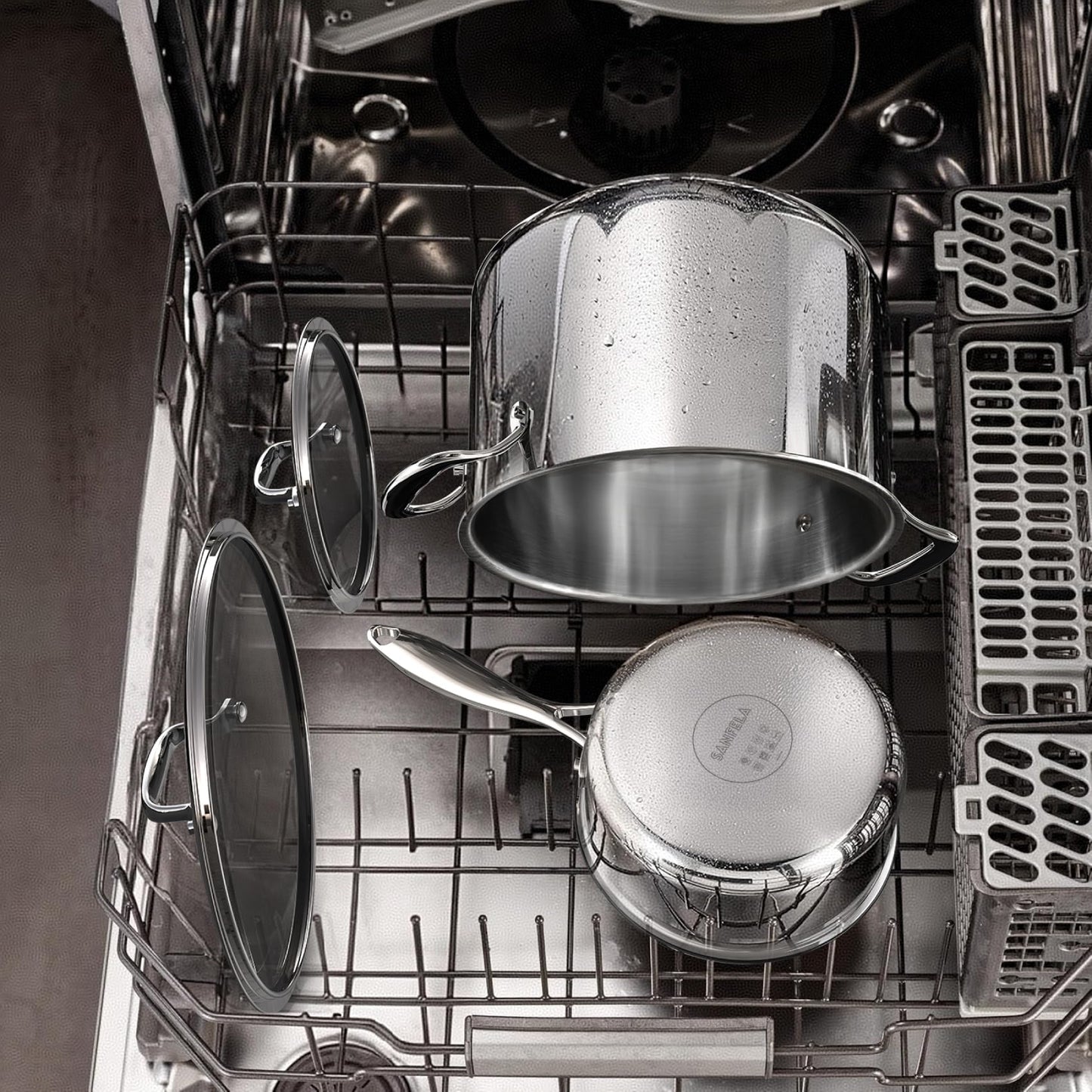 SANFELA Cookware, 10 Piece Stainless Steel Pot and Pan Set, 5 Ply Clad, Includes Frying Pans, Saucepans, Saute Pan and Stock Pot, Compatible with All Cooktops, PTFE, PFAS and PFOA Free
