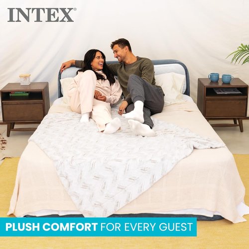 Intex Queen Size Air Mattress - 18in Height Inflatable Bed with Built-in Pump & Headboard | Dura-Beam Deluxe