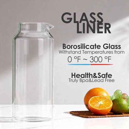 Delove Glass Pitcher with Lid & Shatterproof Shell – Heat-Resistant Borosilicate Glass Jug, 2 L/68 oz with Handle & Spout – Perfect for Iced Tea, Juice, Hot & Cold Water (Black)