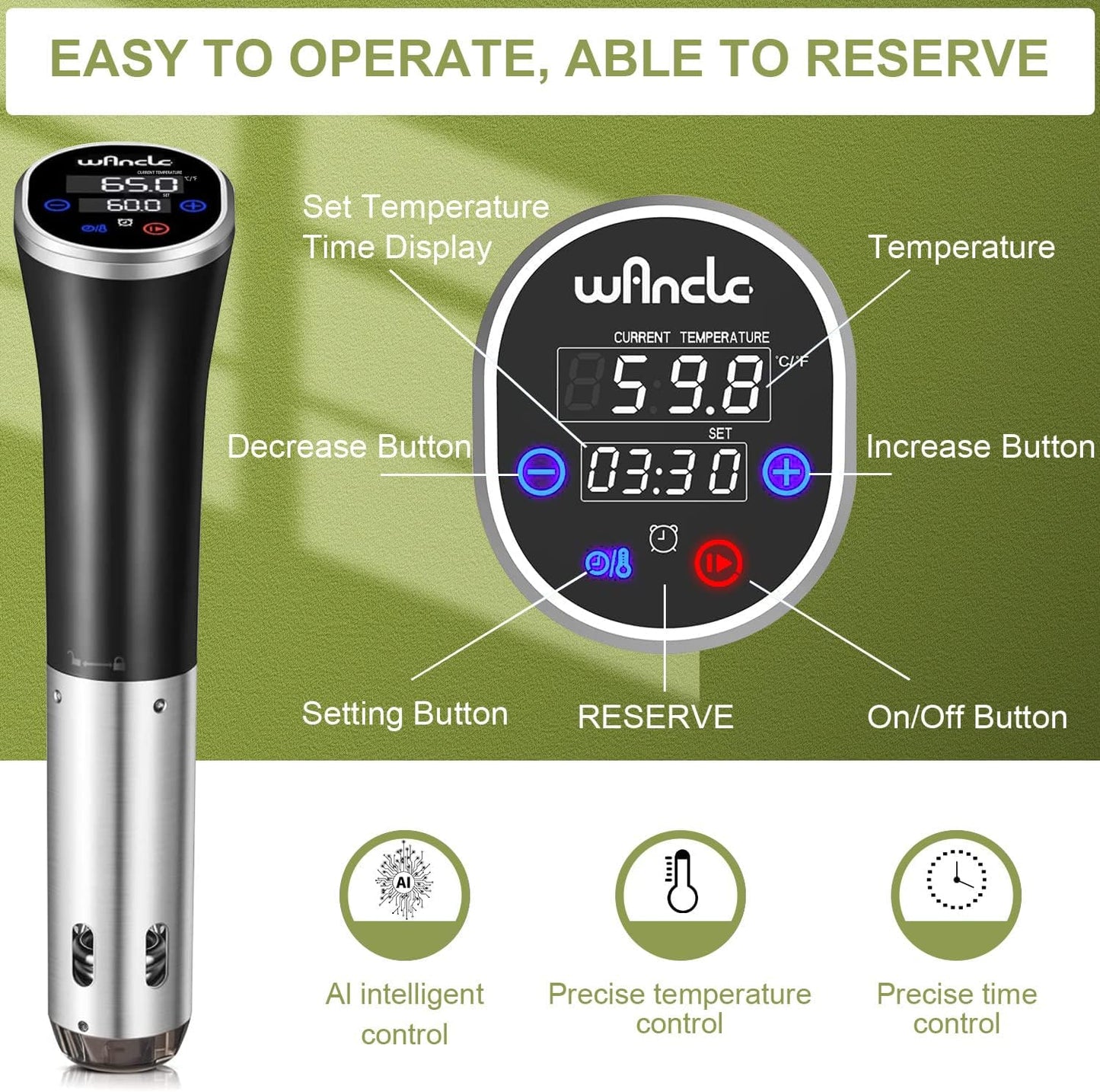 Wancle Sous Vide Cooker - 1100W Waterproof Thermal Immersion Circulator with Reservation Function
