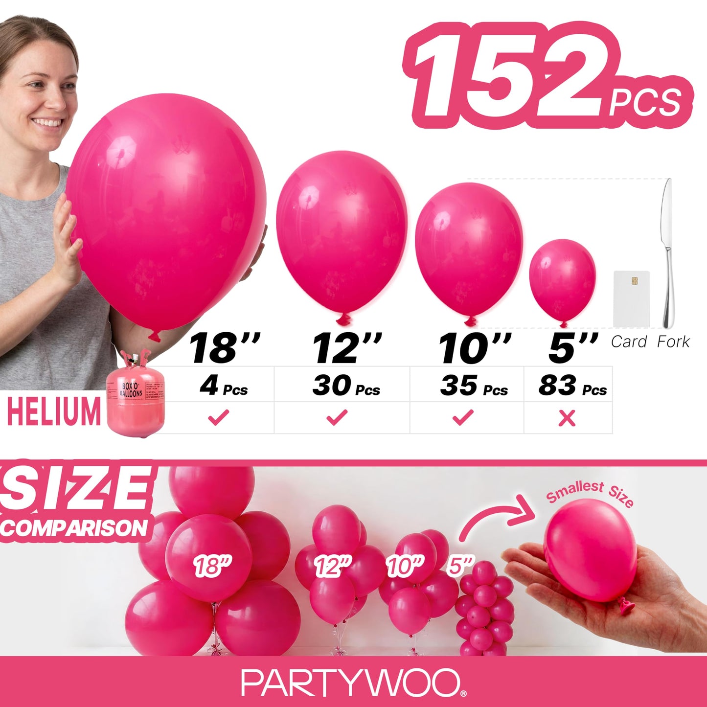 PartyWoo Hot Pink Balloons 152 pcs Different Sizes of 18 12 10 5 Inch Magenta Fuchsia Balloon Arch Kit Garland for Baby Shower Wedding Bridal Shower Anniversary Birthday Party Decorations Pink-Y12