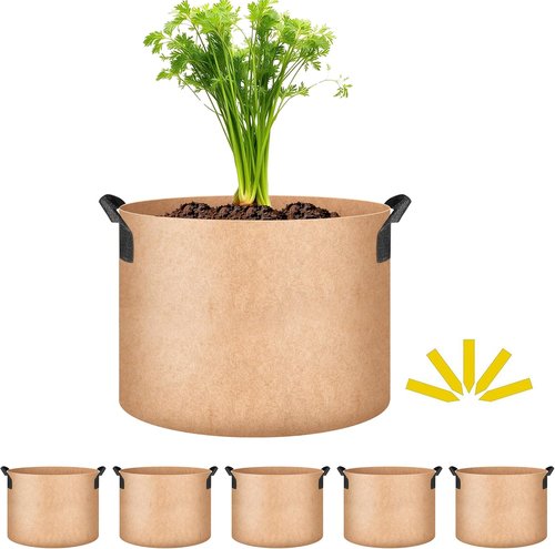 iPower 5-Pack Plant Grow Bags - Durable 5 Gallon Nonwoven Aeration Pots with Strap Handles | Tan