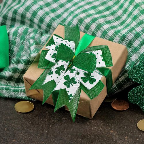 Clover Patrick's Day Wreath Bow - Green Shamrock DIY Craft Ribbon Ornament | 9.5 x 13 Inch
