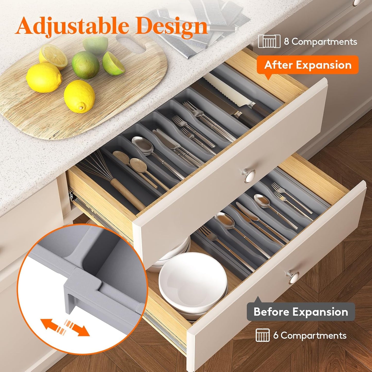 Lifewit Expandable Silverware Organizer - BPA-Free Utensil Tray for Kitchen | Adjustable Cutlery Holder, Gray (33-57 x 42cm)