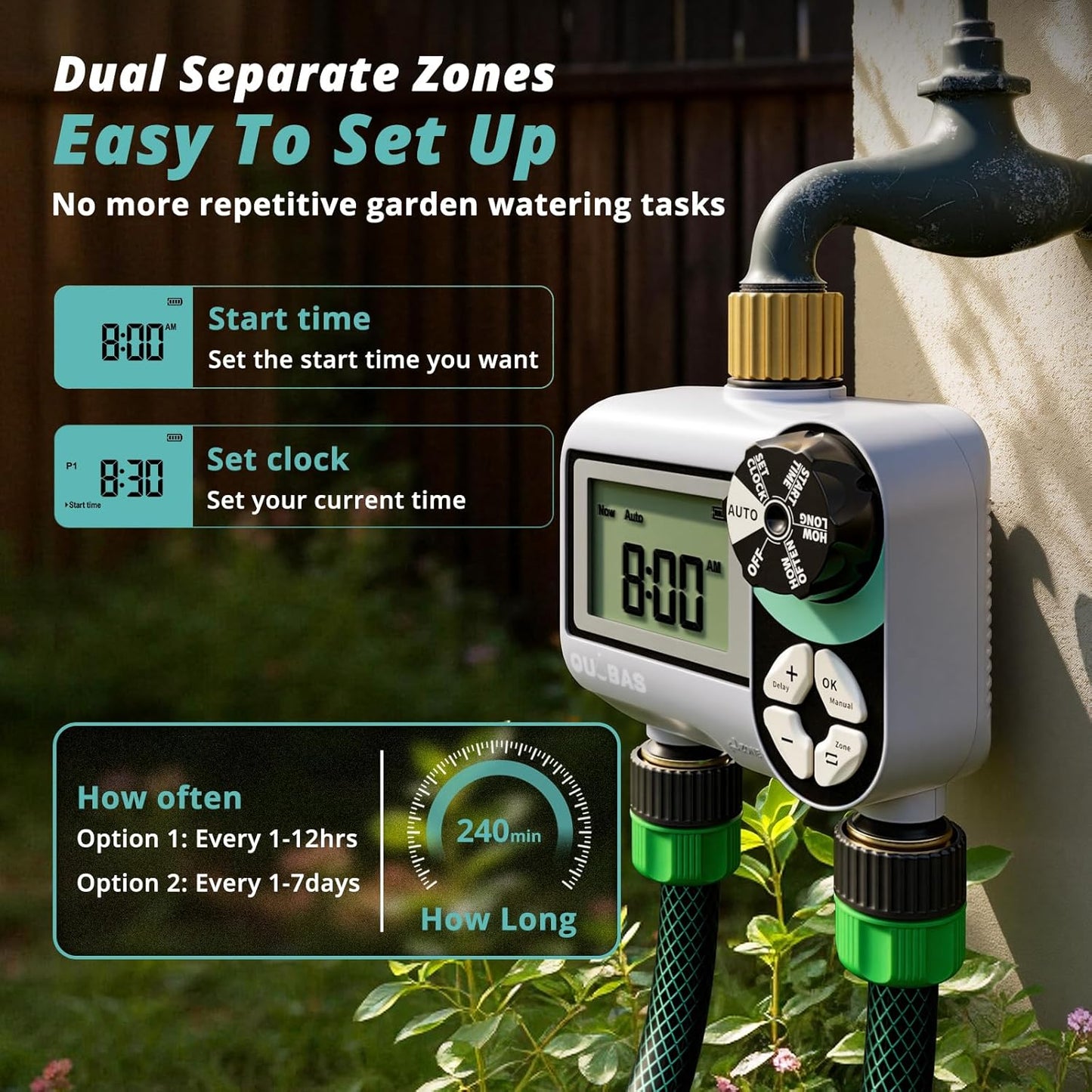 QUOBAS Brass Sprinkler Timer - Programmable Water Hose Timer with Waterproof LCD Screen | 2 Zone Irrigation System for Garden, Lawn, Yard