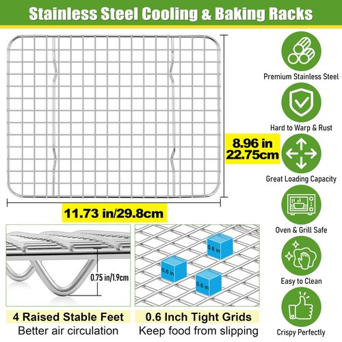 Homikit 2 Pack Cooling Rack Set, 12" x 9" Stainless Steel Baking Rack for Bacon Bread Pizza, Metal Wire Oven Racks for Cooking Roasting Fit Quarter Sheet Pan, Rust Free & Dishwasher Safe