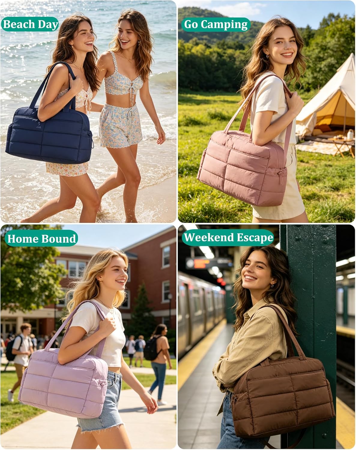 BAGSMART Lightweight Puffer Gym Bag - 31L Quilted Duffle & Tote for Travel, Water Resistant, Pink