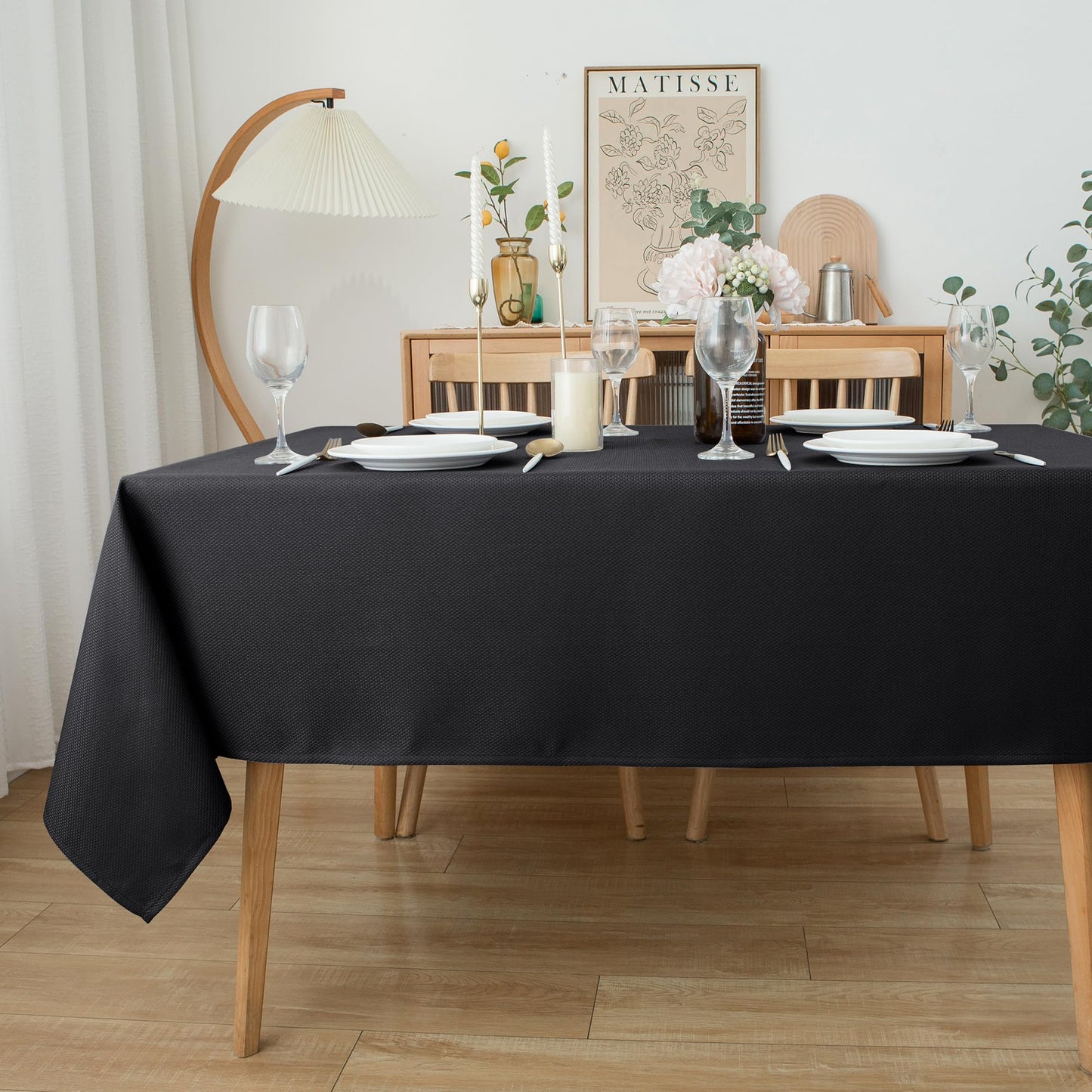 Biscaynebay Textured Fabric Tablecloths 70x108 Inches Rectangular, Black Water Resistant Spill Proof Tablecloths for Dining, Kitchen, Wedding and Parties, Machine Washable