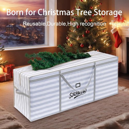 Christmas Tree Bag - 9 Ft Heavy Duty Storage Solution | Reusable 600D Oxford Cloth with Double Mesh Pockets (Gray-White Stripes)