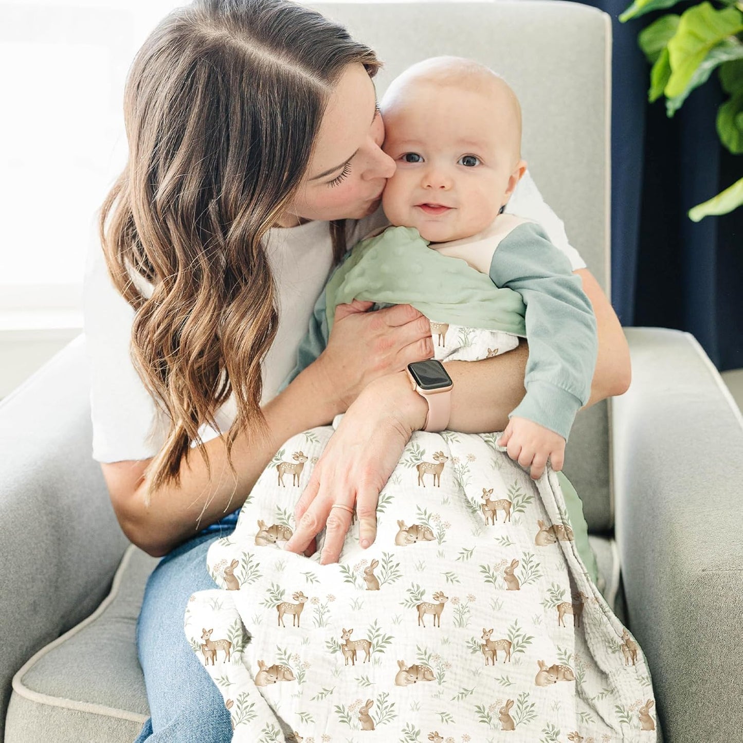 Konssy Baby Blanket - Super Soft Minky with Muslin Cotton Front & Dotted Fleece Back | Unisex Newborn Throw
