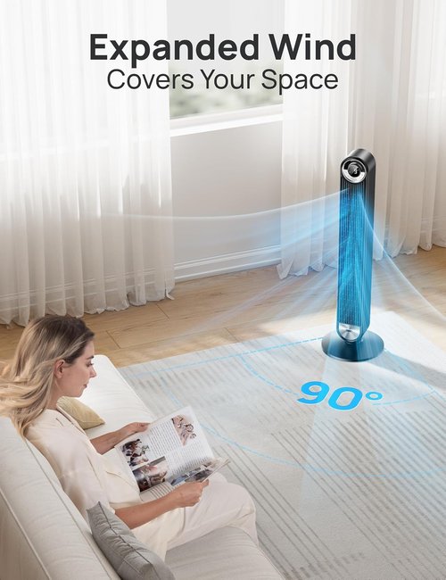 DREO Tower Fan - 90° Oscillating Standing Floor Fan with 28ft/s Velocity & 25dB Quiet Operation | 9 Speeds, 4 Modes, 12H Timer, Voice & App Control
