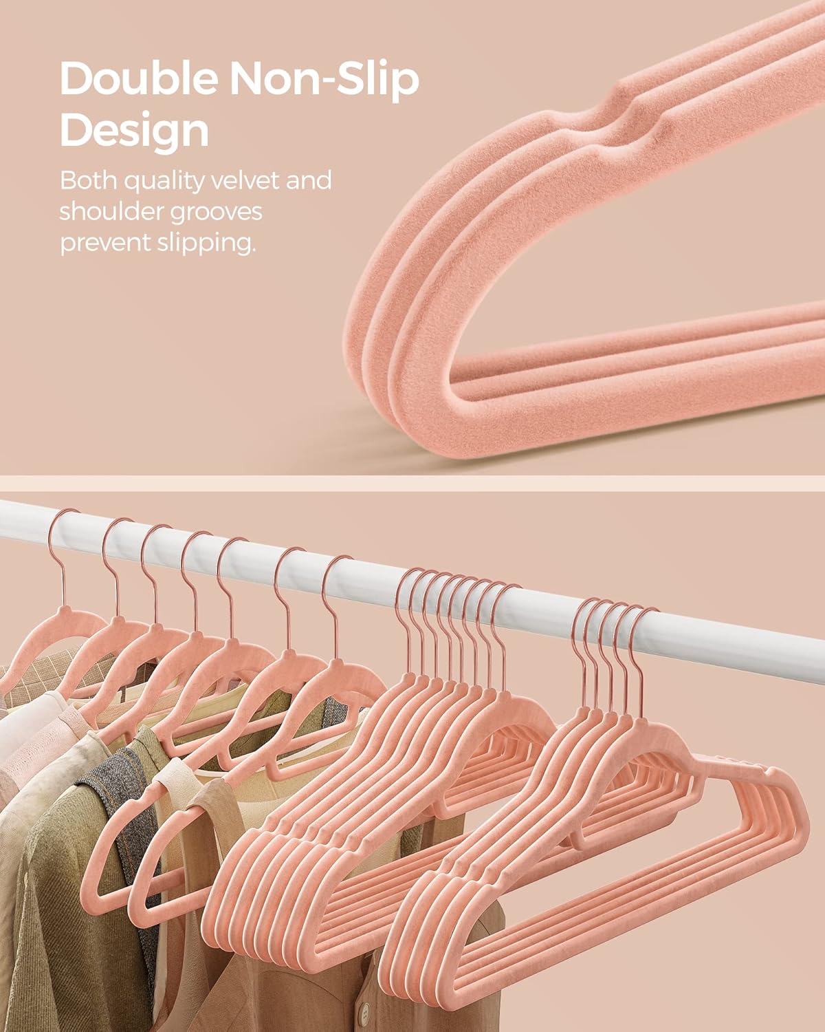 SONGMICS Velvet Hangers - Non-Slip Space-Saving Clothes Hangers with Rose Gold Swivel Hook | Set of 50, Coral Pink, 17.1-Inch