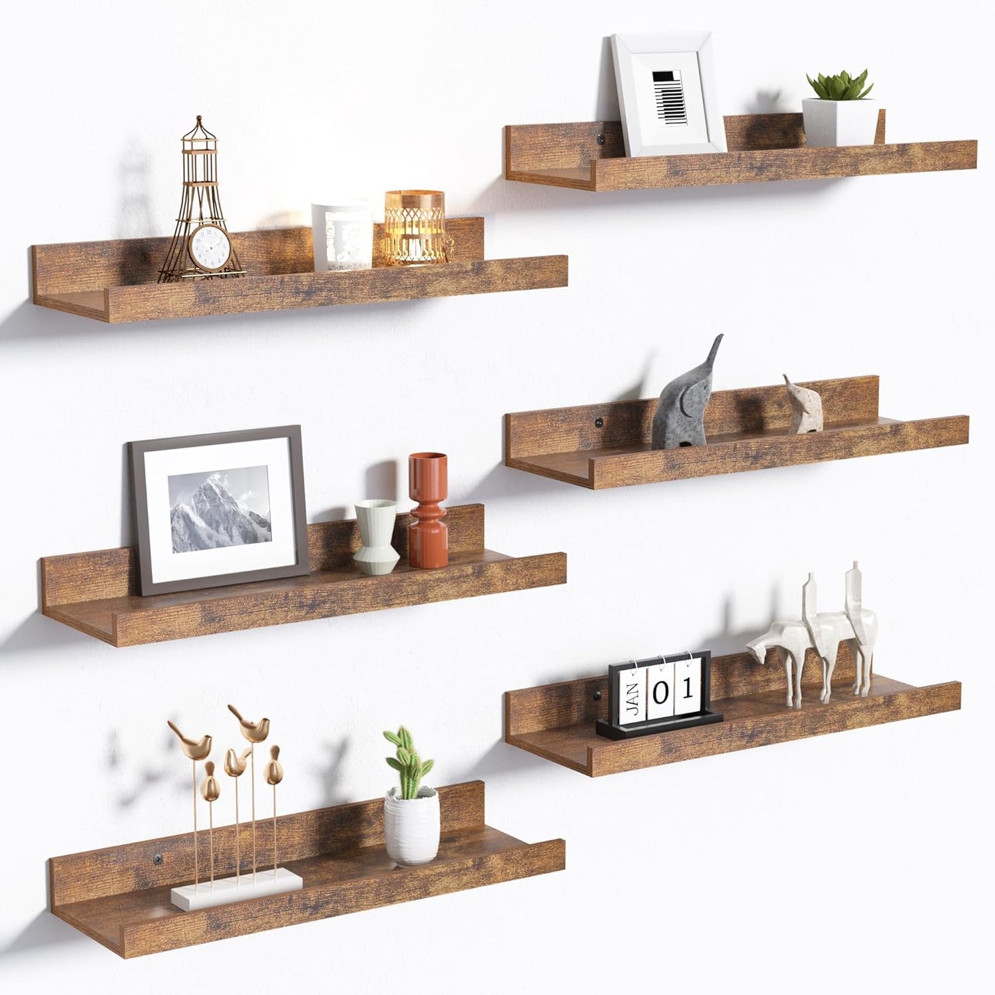 Upsimples 11x14 Picture Frame Bundle - 6 Pack Floating Wall Shelves in Brown