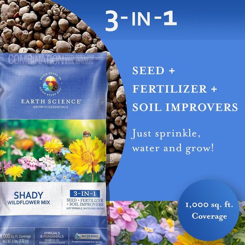 Earth Science Shady Wildflower Mix - 6 lb Premium Non-GMO Seed Blend with Plant Food & Soil Conditioners