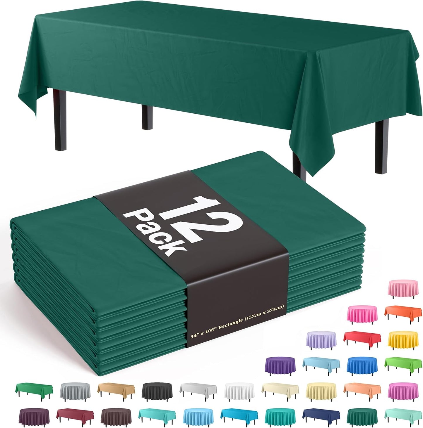 Premium Dark Green Plastic Tablecloths - 12-Pack, 54" x 108" Rectangle Covers
