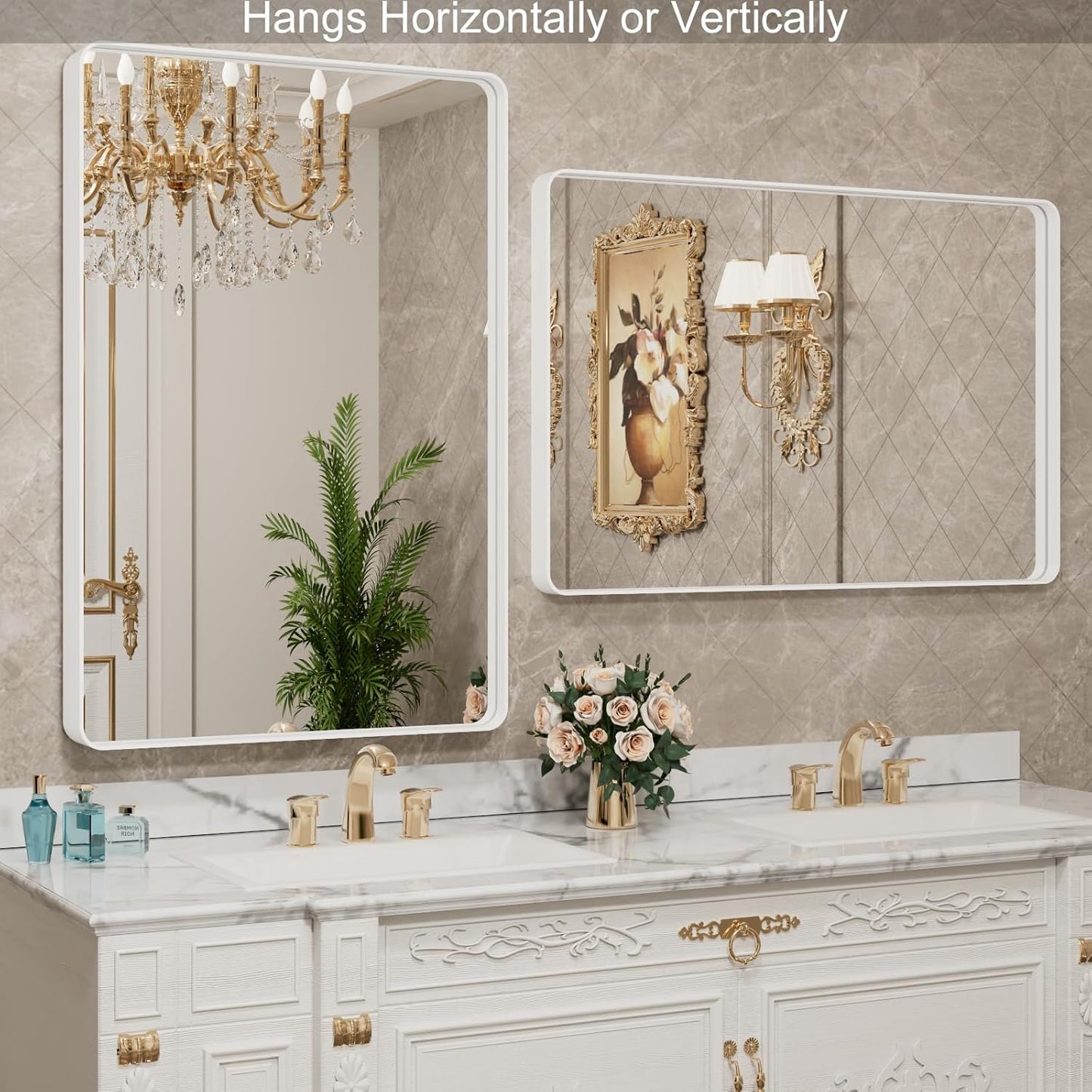 LOAAO Bathroom Mirror - 48x32 Inch White Metal Framed, Large Rounded Rectangle, Anti-Rust, Tempered Glass