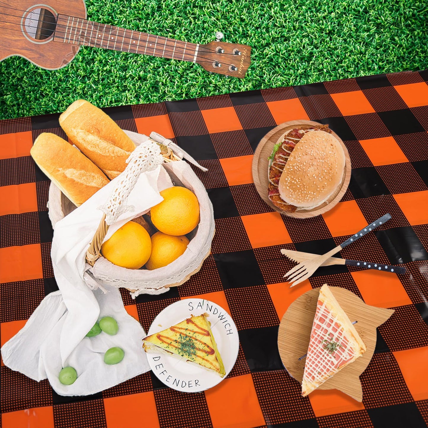 Kesfey 8 Packs Fall Orange Thanksgiving Gingham Tablecloth 54 x 108 Inches Orange and Black Buffalo Check Plaid Table Cover Backdrop Disposable Plastic Waterproof Autumn Picnic Tablecover for Camping