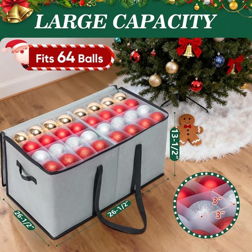 BALEINE Christmas Ornament Storage Box - Premium Red Container with Dividers for 128 Balls