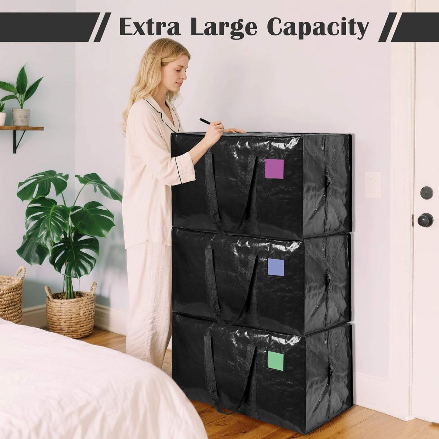 Skiennix 6 Pack Moving Bags - Extra Large 93L Heavy Duty Waterproof Storage Totes | Black for Home Organization & College Dorms