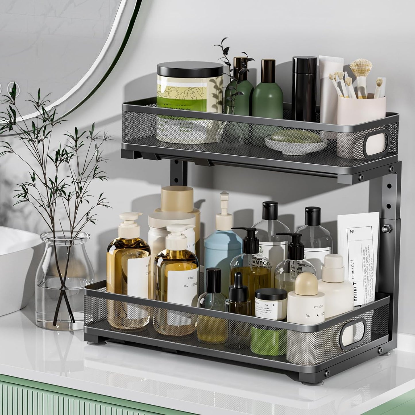 Under Sink Organizer 2-Pack | Adjustable 2-Tier Metal Storage Drawers for Kitchen & Bathroom