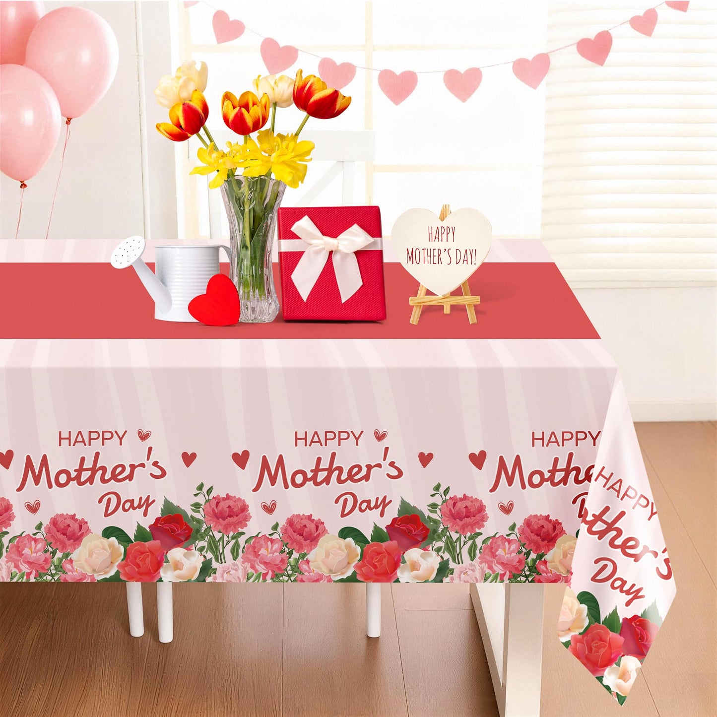 Childom 2 Pack Mothers Day Tablecloth,Mother's Day Party Decorations,54" x 108" Plastic Disposable Tablecloths for Rectangle,Plastic Table Covers for Mom Birthday Party Supplies Holiday Buffet Table