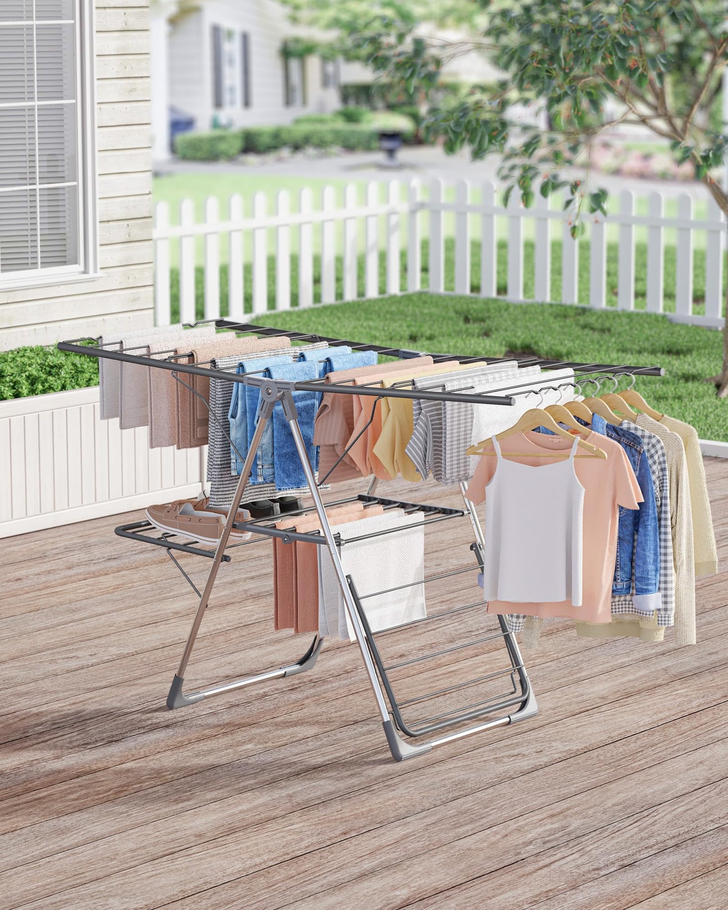 Sakugi Clothes Drying Rack, Foldable 2-Level Laundry Drying Rack with Height-Adjustable Wings, for Clothing & Bedding, Free-Standing Space-Saving Rack, Indoor & Outdoor, 55.5" L × 22.8" W, Gray