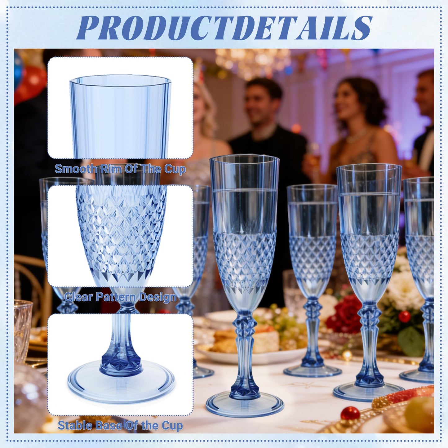 LEYIQU Plastic Champagne Flutes, Champagne Glasses Bulk, Reusable Unbreakable Acrylic Wine Glasses Goblets for Weddings Bachelor Parties Toasting Bridal Shower (24, Blue)