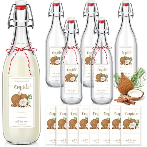 Havawish 6 Pcs 33.8 oz Christmas Coquito Swing Top Glass Bottles for Homemade Coquito Clear Flip Top Bottles with Airtight Cap Lids Labels for Christmas Home Brewing Coquito Beverages Liqueur