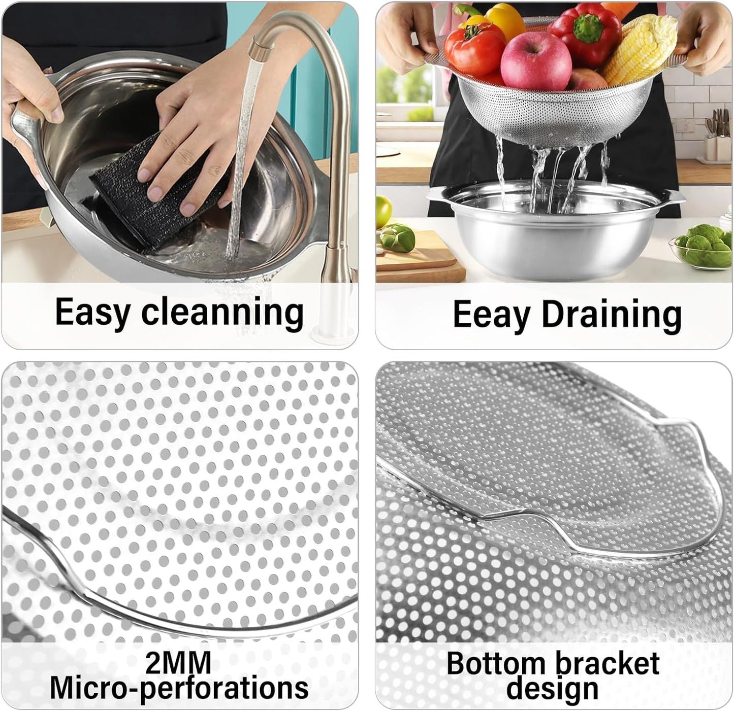 Skiennix Stainless Steel Colander Set - 2.5QT Rice Washer & Strainer with Mixing Bowl | Dishwasher Safe