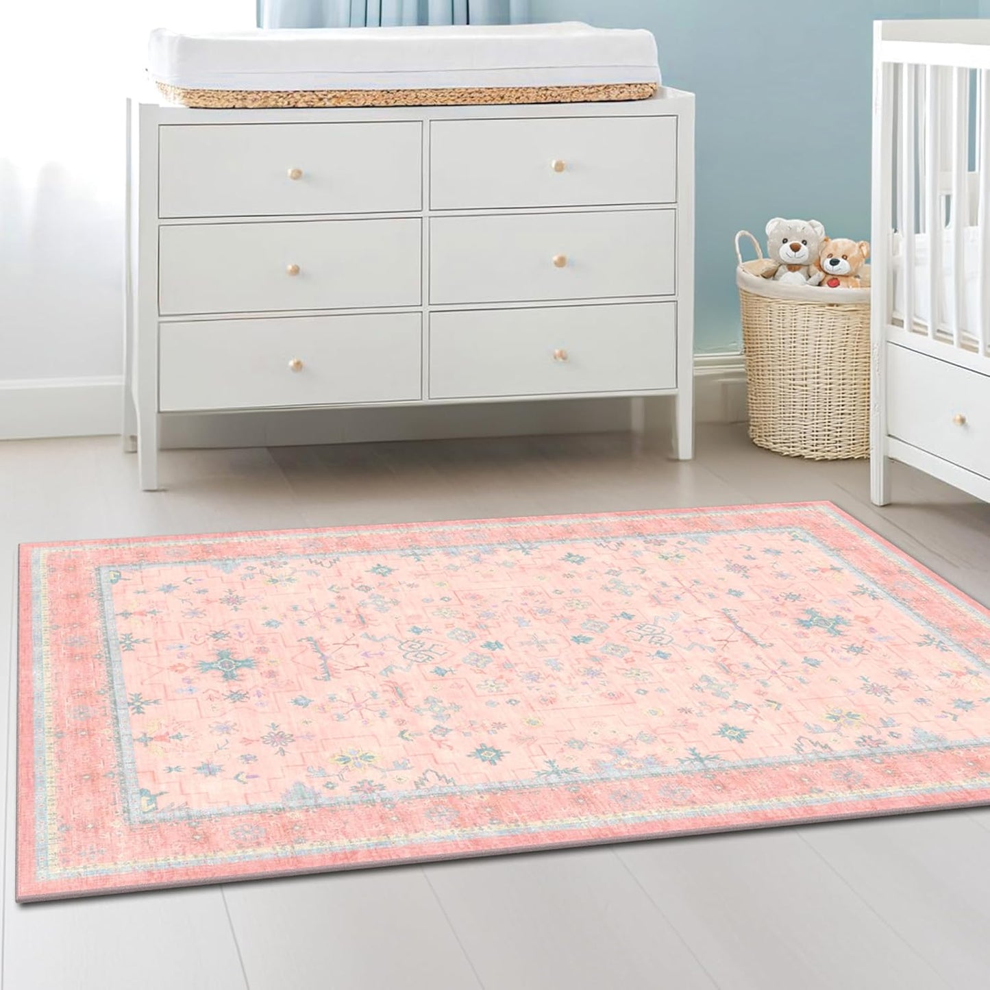 Skiennix Washable 3x5 Pink Rug - Soft Faux Wool, Non-Slip, Stain Resistant | Ideal for Girls' Bedroom & Nursery