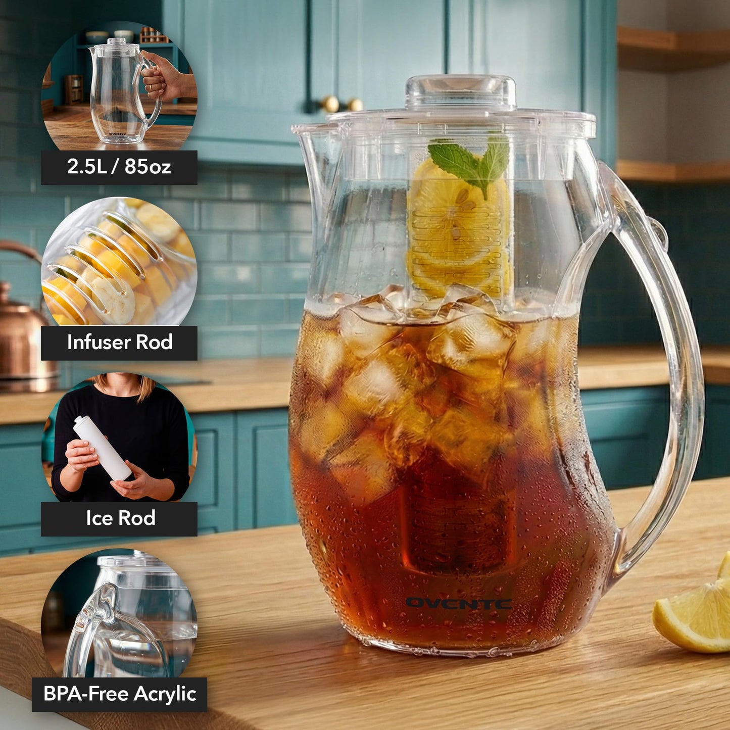 OVENTE Fruit Infusion Water Pitcher 2.5L/85Oz with Removable Lid and Infuser Rod, BPA-Free, Shatterproof Acrylic Beverage Jug for Flavor-Infused Drinks, Lemonade, Juice and Iced Tea, Clear PIA0852C